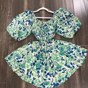 Floral Off-Shoulder Mini Dress in Blue & Green